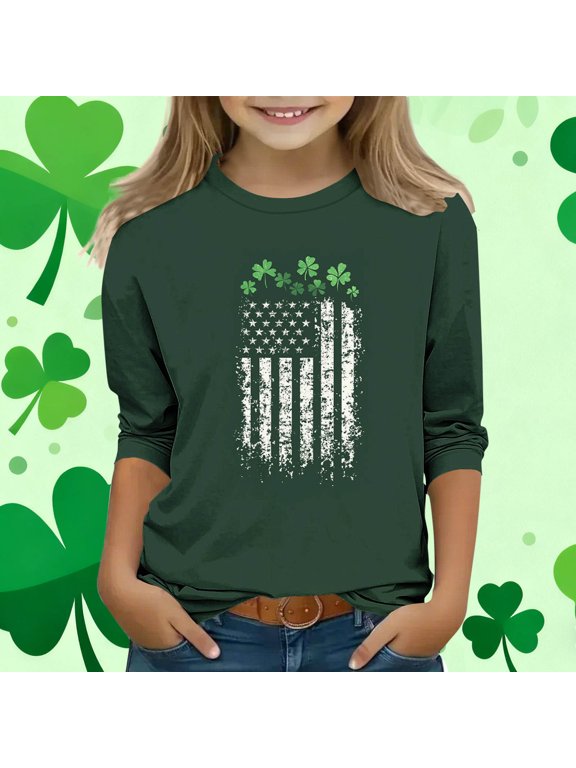 Fall Tops for Boys Girls St Patricks Day Green Long Sleeve Pullover Shirt Slim Crew Neck Clothing for Irish Festival Themed Party