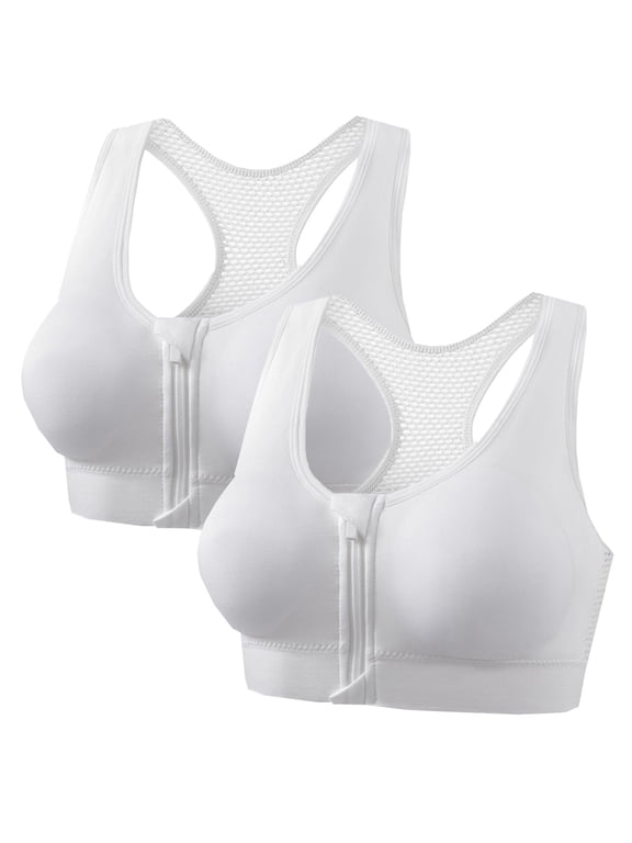 Front Zip Sports Bras for Women 2 PC Plus Size Wireless Bra Push up Mesh Racerback Sports Bra Gym Workout Bras