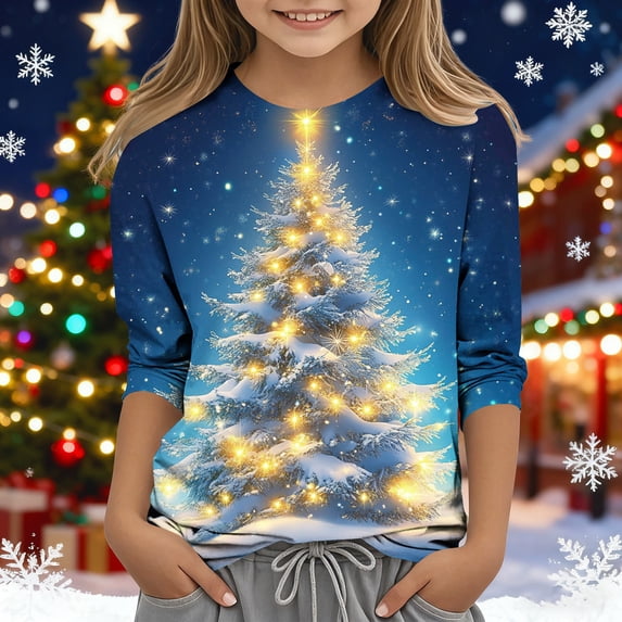 BaoFuBaoMei Funny Graphic Tees Boys Girls Christmas Christmas Tree Long Sleeve Pullover Shirt Slim Crew Neck Fall Clothing for Christmas Dinner Vacation Holiday