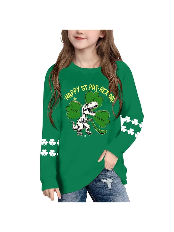 Funny Graphic Tees Boys Girls St Patricks Day Dinosaur Long Sleeve Pullover Shirt Loose Crew Neck Fall Clothing for Irish Festival Themed Party