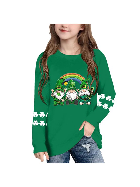 Funny Graphic Tees Boys Girls St Patricks Day Gnome Long Sleeve Pullover Shirt Loose Crew Neck Fall Clothes for Irish Festival Themed Party