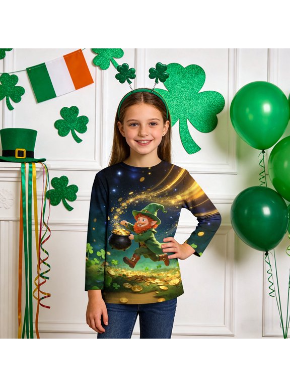 Funny Graphic Tees Boys Girls St Patricks Day Gnome Long Sleeve Pullover Shirt Slim Crew Neck Fall Clothing for Irish Festival Themed Party