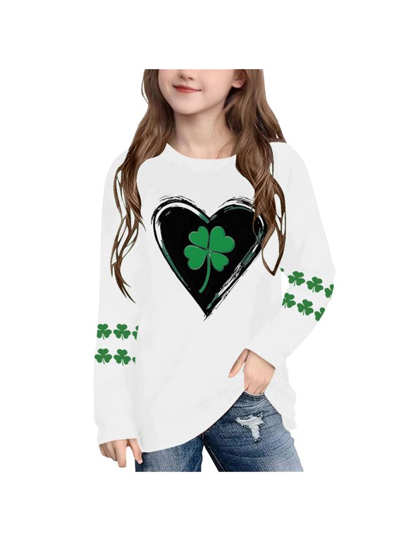 Funny Graphic Tees Boys Girls St Patricks Day Heart Long Sleeve Pullover Shirt Loose Crew Neck Fall Clothes for Irish Festival Themed Party