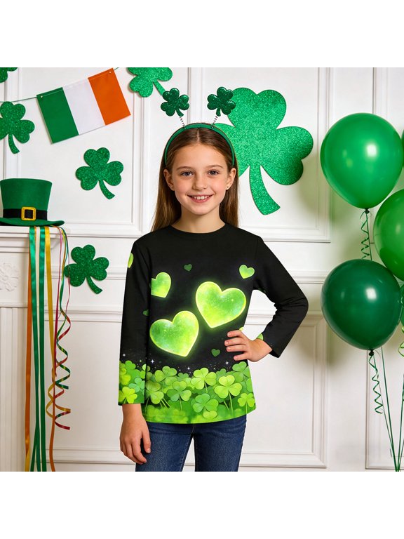 Funny Graphic Tees Boys Girls St Patricks Day Heart Long Sleeve Pullover Shirt Slim Crew Neck Fall Clothing for Irish Festival Themed Party