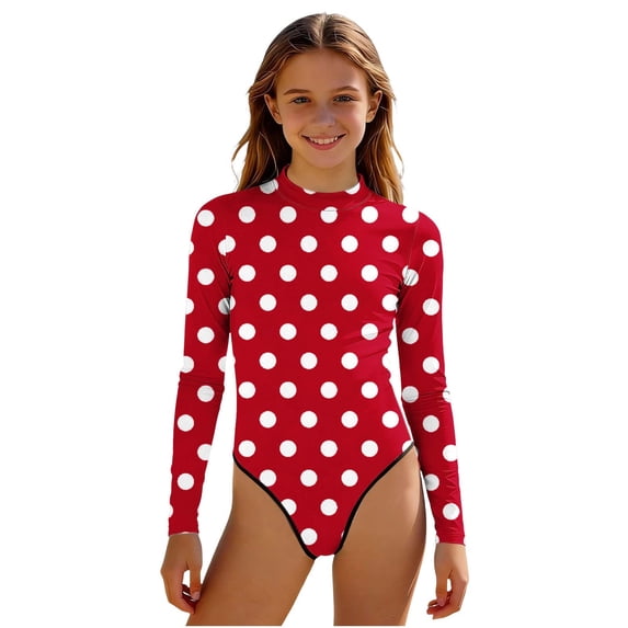 BaoFuBaoMei Girls 1 Piece Swimsuits Mock Neck Long Sleeve Bathing Suit Polka Full Coverage Swimwear Summer Beach Swim Set