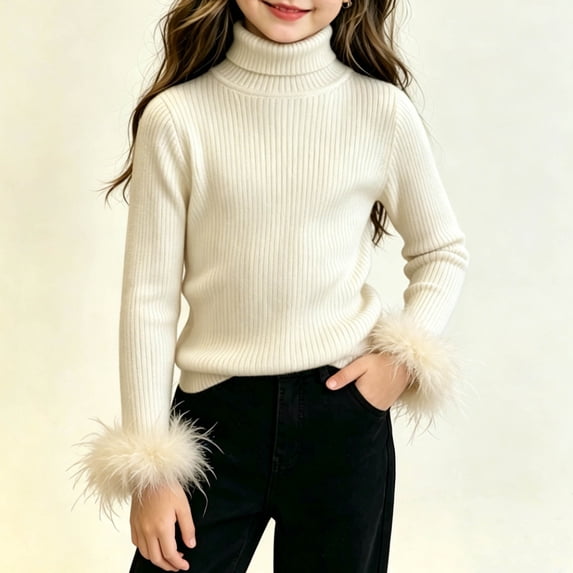 BaoFuBaoMei Girls Sweaters Knit Solid Color Long Sleeve Pullover Tops Slim High Neck Fall Clothes for School Daily Wear