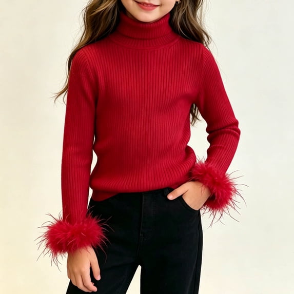 BaoFuBaoMei Girls Sweaters Knit Solid Color Long Sleeve Pullover Tops Slim High Neck Fall Clothes for School Daily Wear