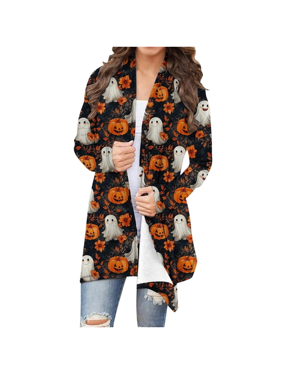 Halloween Cardigans for Women Plus Size Open Front Long Sleeve Cardigan Halloween Printed Cover up Tops Soft Casual Coat