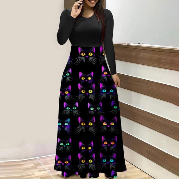 BaoFuBaoMei Halloween Dresses for Women Plus Size Long Sleeve Crew Neck Halloween Cat Print Maxi Dress High Waist Patchwork Flowy Dresses for Party