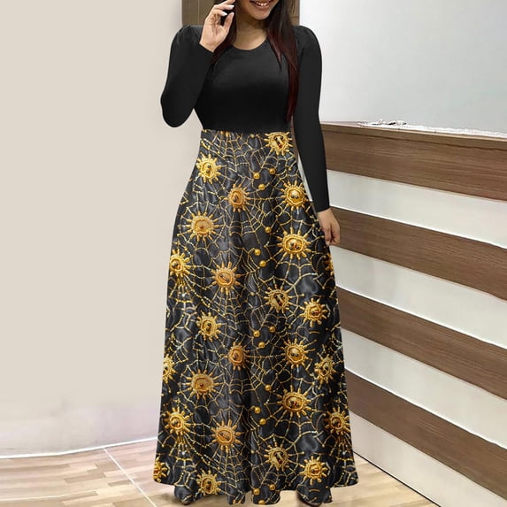 BaoFuBaoMei Halloween Womens Dress Plus Size Crew Neck Long Sleeve Halloween Cobweb Print Maxi Dress High Waist Patchwork Flowy Dresses for Party