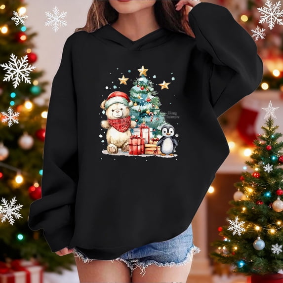BaoFuBaoMei Hoodies for Boys Girls Christmas Solid Color Long Cuffed Sleeve Sweatshirt Tops Fleece Lined Loose Hooded Fall Clothing for Christmas Dinner Vacation Holiday