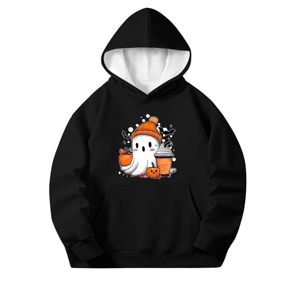 BaoFuBaoMei Hoodies for Boys Girls Halloween Ghost Long Cuffed Sleeve Sweatshirt Tops with Pockets Fleece Lined Loose Hooded Fall Clothes for Daily Wear School Party Classroom Celebration