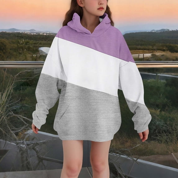BaoFuBaoMei Hoodies for Girls Color Block Long Cuffed Sleeve Tunic Sweatshirt Tops with Pockets Loose Hooded Fall Outfits for School Daily Wear Outdoor
