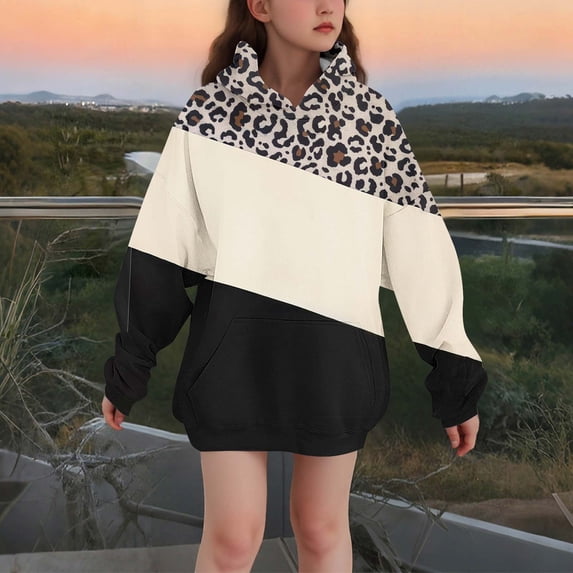 BaoFuBaoMei Hoodies for Girls Color Block Long Cuffed Sleeve Tunic Sweatshirt Tops with Pockets Loose Hooded Fall Outfits for School Daily Wear Outdoor