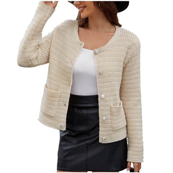 BaoFuBaoMei Knit Cardigan Sweaters for Women Button up Long Sleeve Cardigan Crew Neck Cropped Sweater Solid Fashion Tops with Pockets