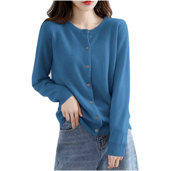 BaoFuBaoMei Knit Cardigan Sweaters for Women Plus Size Button up Long Sleeve Cardigan Crew Neck Solid Sweater Casual Trendy Tops