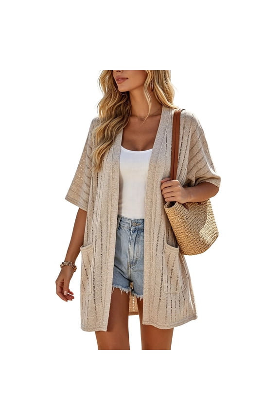 Knit Cardigans for Women Plus Sizes Open Front Elbow Sleeve Cardigan V Neck Longline Sweater Solid Sheer Tops with Pockets