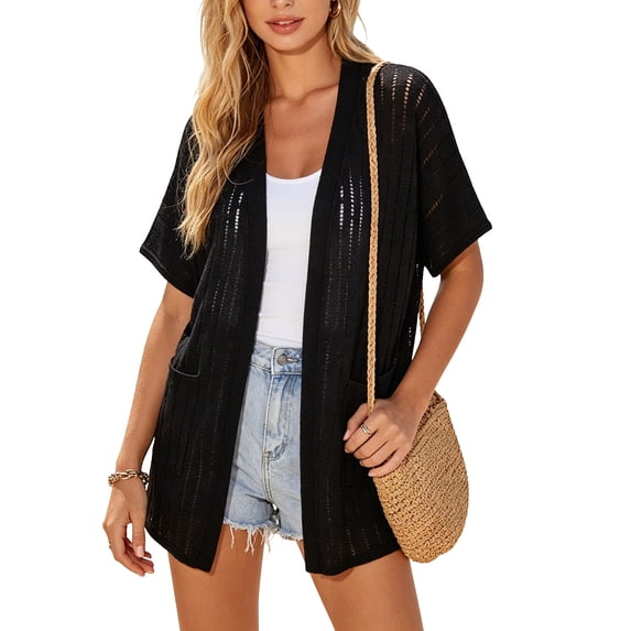 BaoFuBaoMei Knit Cardigans for Women Plus Sizes Open Front Elbow Sleeve Cardigan V Neck Longline Sweater Solid Sheer Tops with Pockets