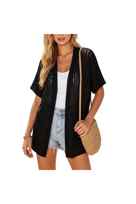 Knit Cardigans for Women Plus Sizes Open Front Elbow Sleeve Cardigan V Neck Longline Sweater Solid Sheer Tops with Pockets