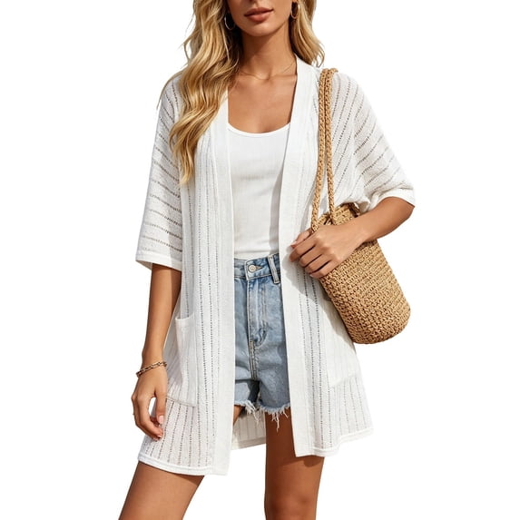 BaoFuBaoMei Knit Cardigans for Women Plus Sizes Open Front Elbow Sleeve Cardigan V Neck Longline Sweater Solid Sheer Tops with Pockets