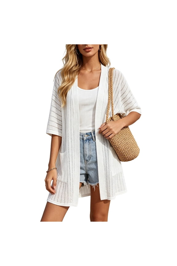 Knit Cardigans for Women Plus Sizes Open Front Elbow Sleeve Cardigan V Neck Longline Sweater Solid Sheer Tops with Pockets