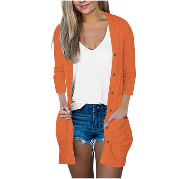 BaoFuBaoMei Knit Cardigans for Women Plus Sizes V Neck Button up 3/4 Sleeve Cardigan Midi Length Solid Casual Tops with Pockets