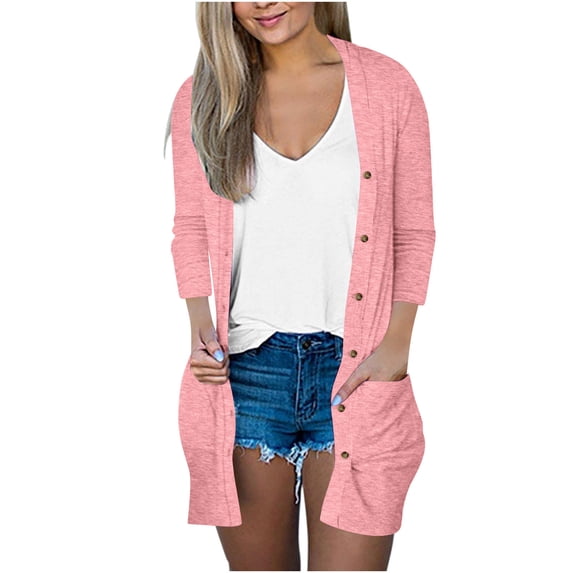 BaoFuBaoMei Knit Cardigans for Women Plus Sizes V Neck Button up 3/4 Sleeve Cardigan Midi Length Solid Casual Tops with Pockets