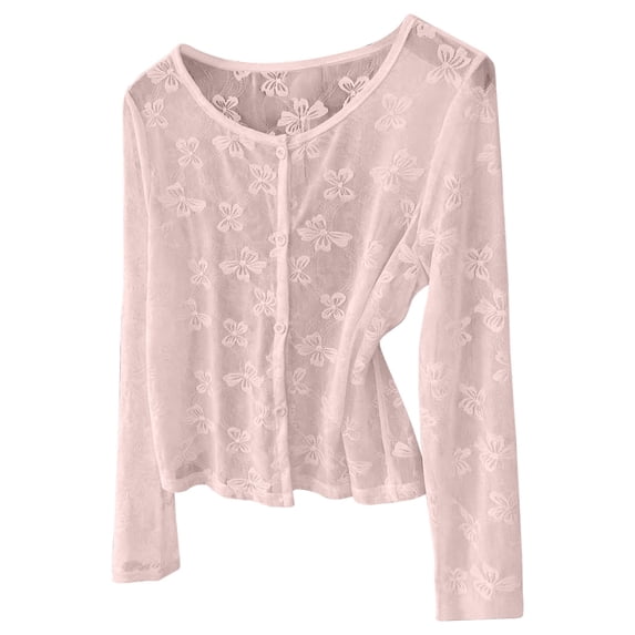 BaoFuBaoMei Lace Cardigans for Women Plus Sizes Lightweight Button up Long Sleeve Cardigan Sheer Crew Neck Solid Tops