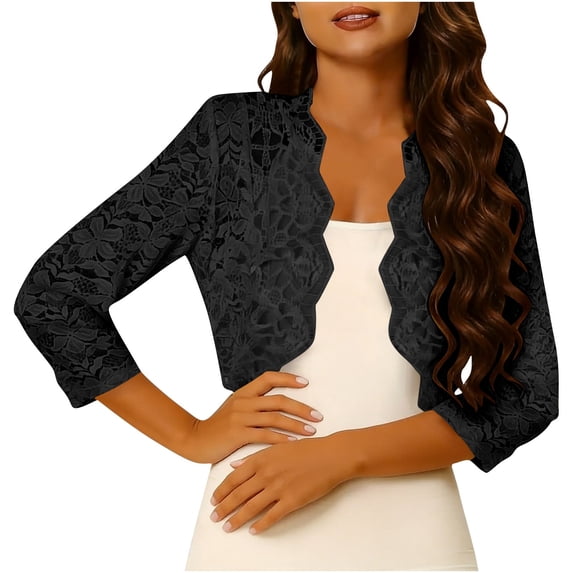BaoFuBaoMei Lace Cardigans for Women Plus Sizes Lightweight Open Front 3/4 Sleeve Cardigan Scalloped Hem Cropped Solid Tops