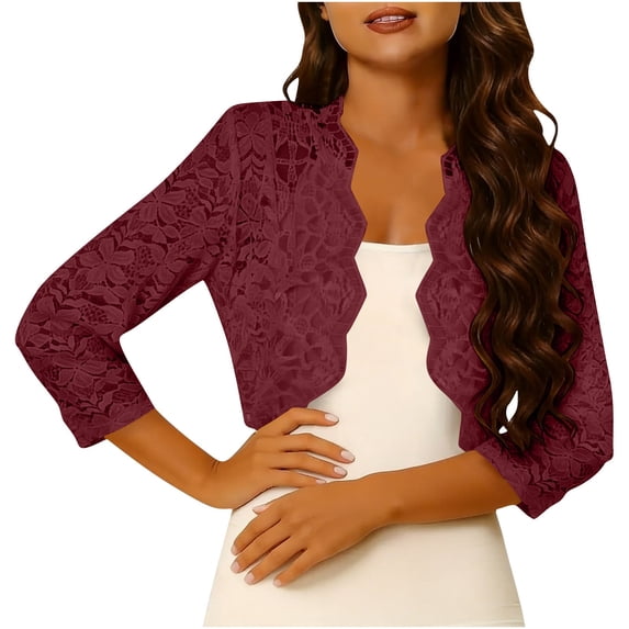 BaoFuBaoMei Lace Cardigans for Women Plus Sizes Lightweight Open Front 3/4 Sleeve Cardigan Scalloped Hem Cropped Solid Tops