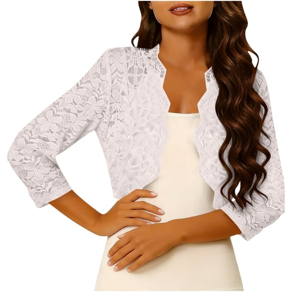 BaoFuBaoMei Lace Cardigans for Women Plus Sizes Lightweight Open Front 3/4 Sleeve Cardigan Scalloped Hem Cropped Solid Tops