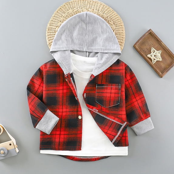 BaoFuBaoMei Lightweight Button down Shirt Boys Girls Back to School Cotton Plaid Long Cuffed Sleeve Tops Slim Hooded Fall Clothing for School Daily Wear Outdoor