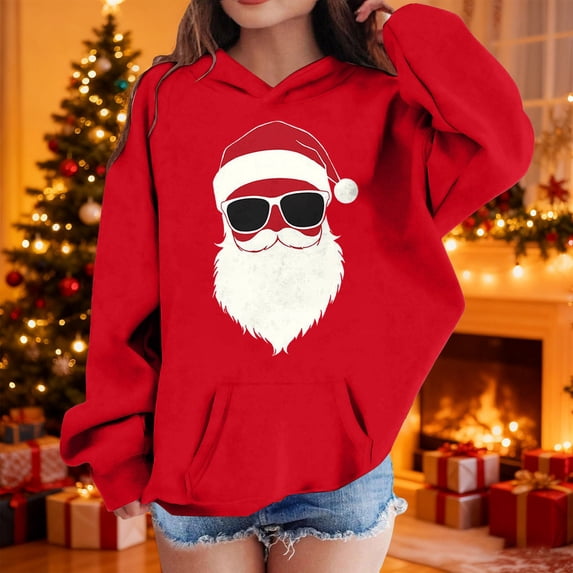 BaoFuBaoMei Lightweight Hoodie Boys Girls Christmas Santa Claus Long Cuffed Sleeve Sweatshirt Tops with Pockets Loose Hooded Fall Clothes for Christmas Dinner Vacation Holiday