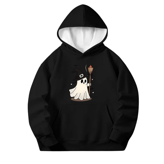 BaoFuBaoMei Lightweight Hoodie Boys Girls Halloween Ghost Long Cuffed Sleeve Sweatshirt Tops with Pockets Fleece Lined Loose Hooded Fall Clothes for Daily Wear School Party Classroom Celebration