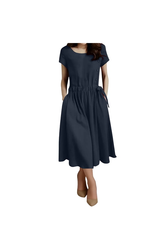 Linen Dresses for Women Plus Size Drawstring Waist a Line Dress Short Sleeve Ruffle Hem Outfits Summer Vacation Outfits