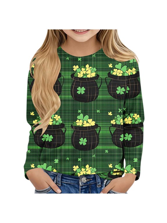 Long Sleeve Shirt Boys Girls St Patricks Day Plaid Pullover Tops Slim Crew Neck Fall Clothing for Irish Festival Themed Party