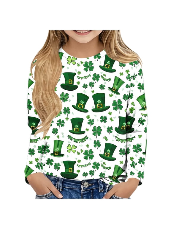 Long Sleeve Shirts for Boys Girls St Patricks Day Green Pullover Tops Slim Crew Neck Fall Clothes for Irish Festival Themed Party