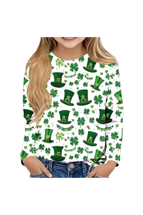 Long Sleeve Shirts for Boys Girls St Patricks Day Green Pullover Tops Slim Crew Neck Fall Clothes for Irish Festival Themed Party