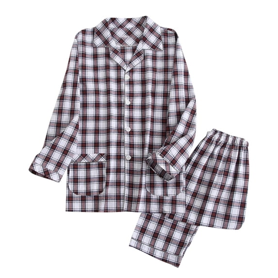 BaoFuBaoMei Men Pajamas Sets Adults in Cotton Button up Collared Lounge Sets Long Sleeve Pants Sleepwear Sets Checked Soft Loungewear
