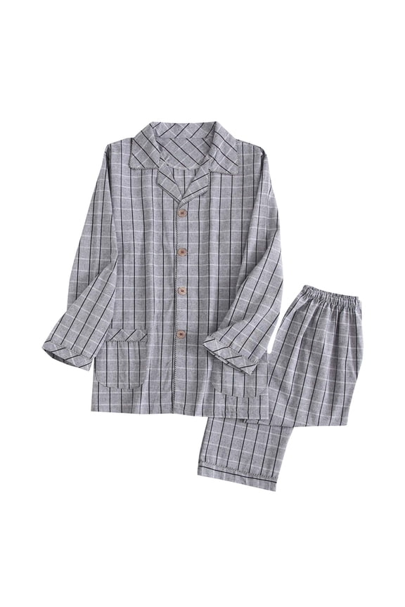 Men Pajamas Sets Adults in Cotton Button up Collared Lounge Sets Long Sleeve Pants Sleepwear Sets Gingham Soft Loungewear