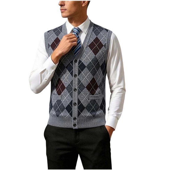 BaoFuBaoMei Men Sleeveless Vest Sweater Big and Tall V Neck Button up Ribbed Trim Cardigan Argyle Knitted Fall Sweater with Pockets