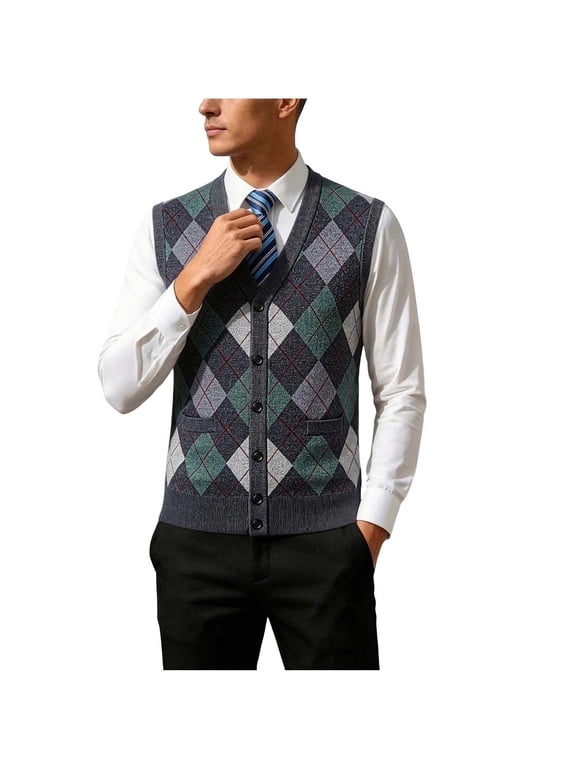 Men Sleeveless Vest Sweater Big and Tall V Neck Button up Ribbed Trim Cardigan Argyle Knitted Fall Sweater with Pockets