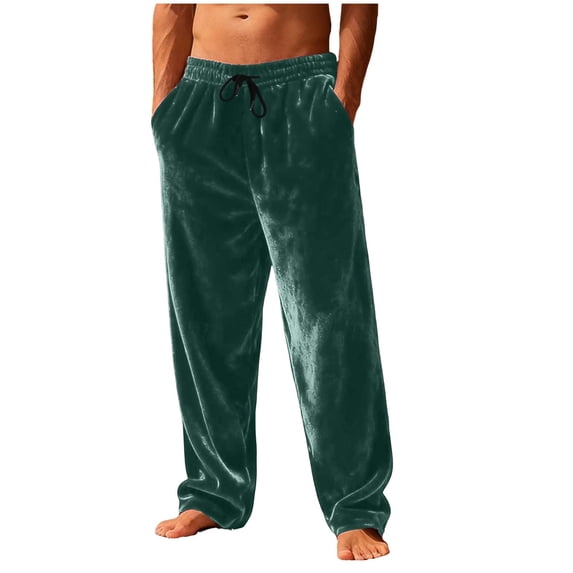 BaoFuBaoMei Men Straight Leg Flannel Pants Big and Tall Elastic Waist Drawstring Trousers Warm Solid Trousers with Pockets S-3xl