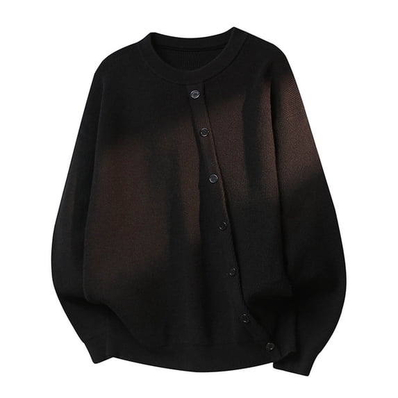 BaoFuBaoMei Mens Button up Cardigan Sweaters Big and Tall Asymmetric Button Crew Neck Long Sleeve Cardigan Solid Textured Knit Fall Winter Sweater