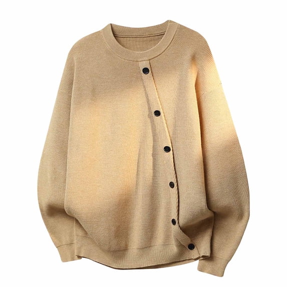 BaoFuBaoMei Mens Button up Cardigan Sweaters Big and Tall Asymmetric Button Crew Neck Long Sleeve Cardigan Solid Textured Knit Fall Winter Sweater