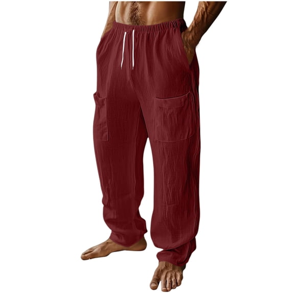 BaoFuBaoMei Mens Cotton Linen Pants Big and Tall Elastic Waist Drawstring Slacks Relaxed Fit Straight Leg Pants Breathable Solid Trousers with Pockets