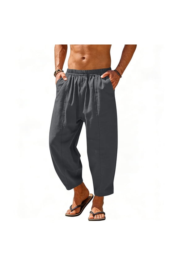 Mens Cotton Linen Pants Big and Tall Elastic Waist Boho Pants Relaxed Fit Cropped Slacks Casual Solid Trousers with Pockets