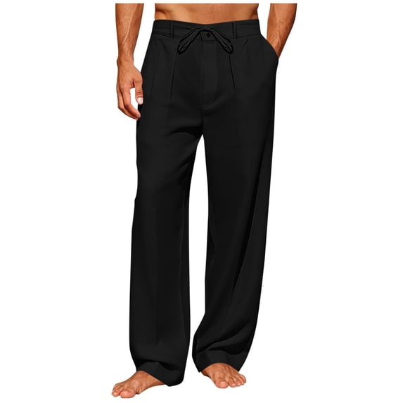BaoFuBaoMei Mens Cotton Linen Pants Big and Tall Elastic Waist Drawstring Pants Lightweight Straight Leg Slacks Solid Fall Trousers with Pockets