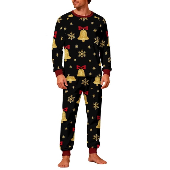 BaoFuBaoMei Mens Pajamas Sets Golden Bell Printed Crew Neck Lounge Sets Long Sleeve Pants Sleepwear Sets Christmas Soft Loungewear