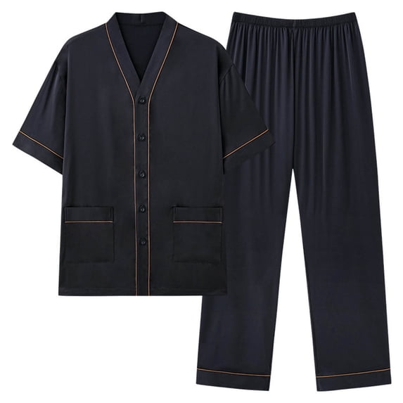 BaoFuBaoMei Mens Pjs Sets 2 Piece Big and Tall Button up 2 Piece V Neck Pajamas Short Sleeve and Pants Sleepwear Sets Comfy Soft Loungewear with Pockets